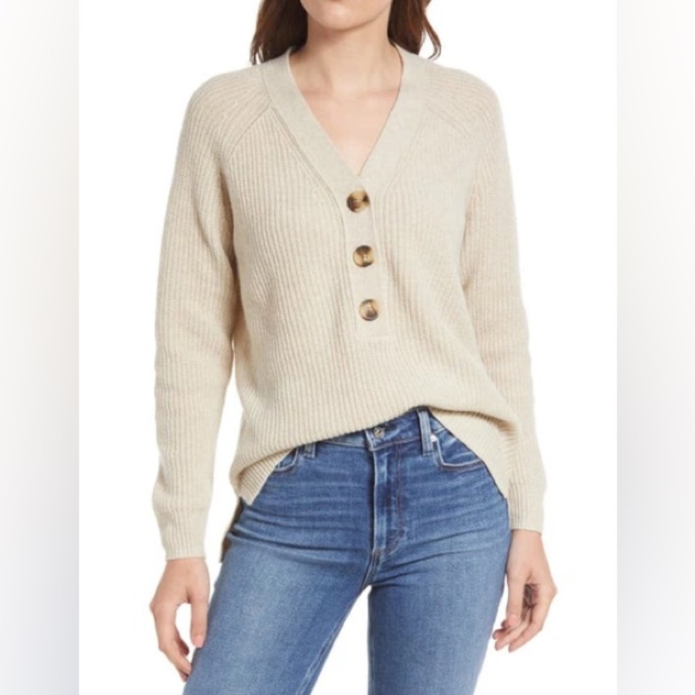 NWOT MADEWELL Lyle Rib Henley Sweater in Antique Cream Size Small